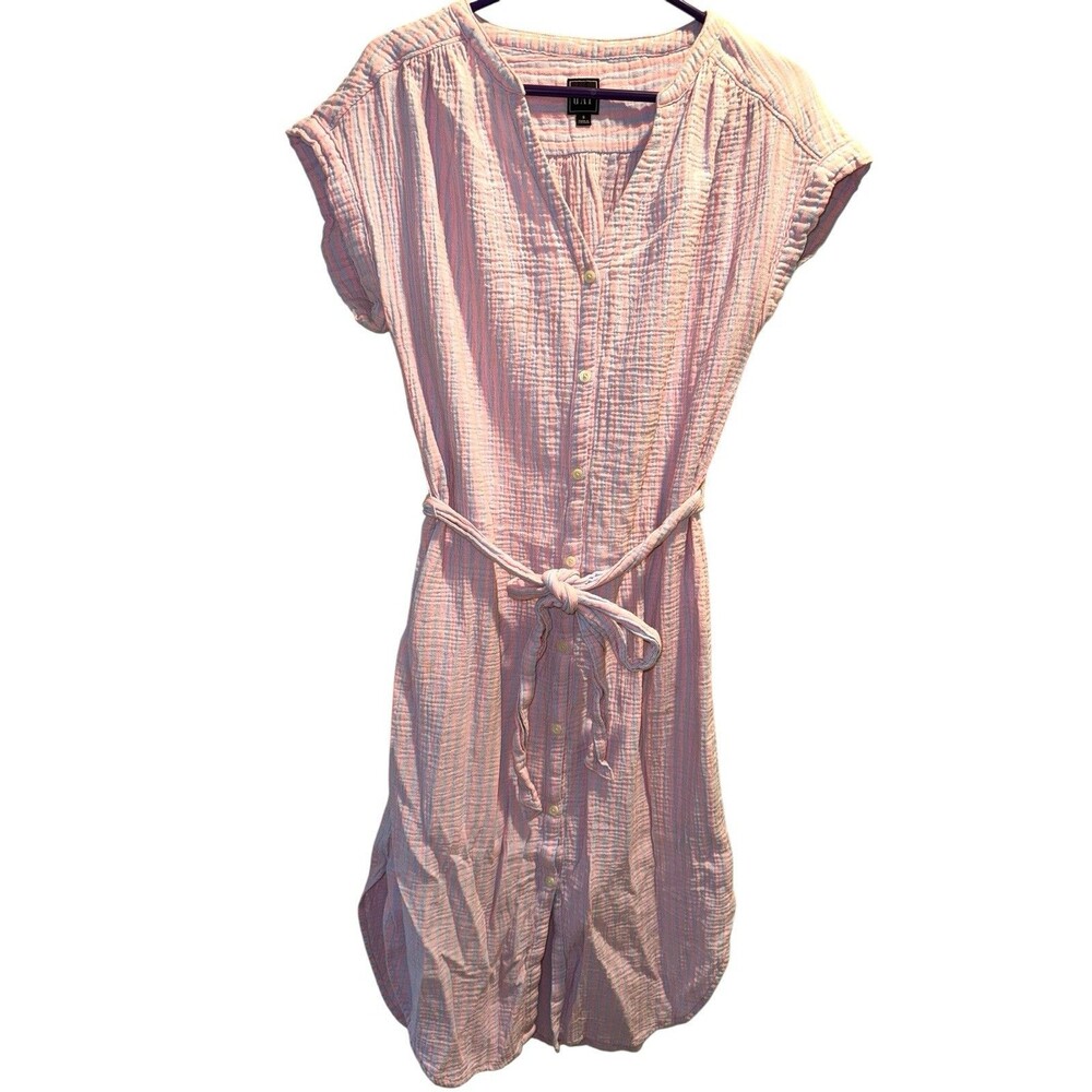 Gap Linen Cotton Shirt Dress Size S Striped Summer Beach Grannycore Tie Waist